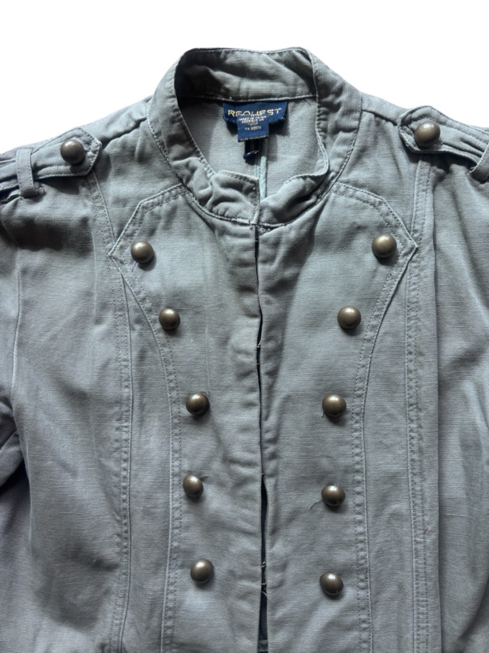 Request Olive Green Military Style Jacket Large Button Front Utility Blazer